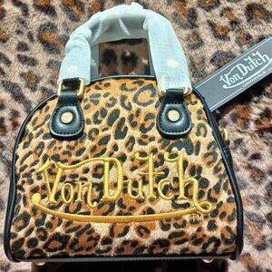 Von Dutch Leopard Print Handbag with Black and Gold Accents